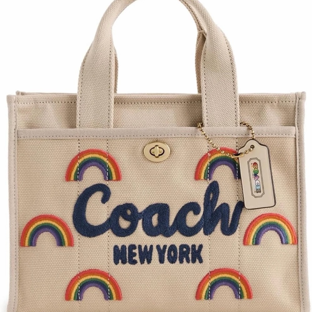 Coach Beige Cargo Tote 26 with Rainbow Embroidery